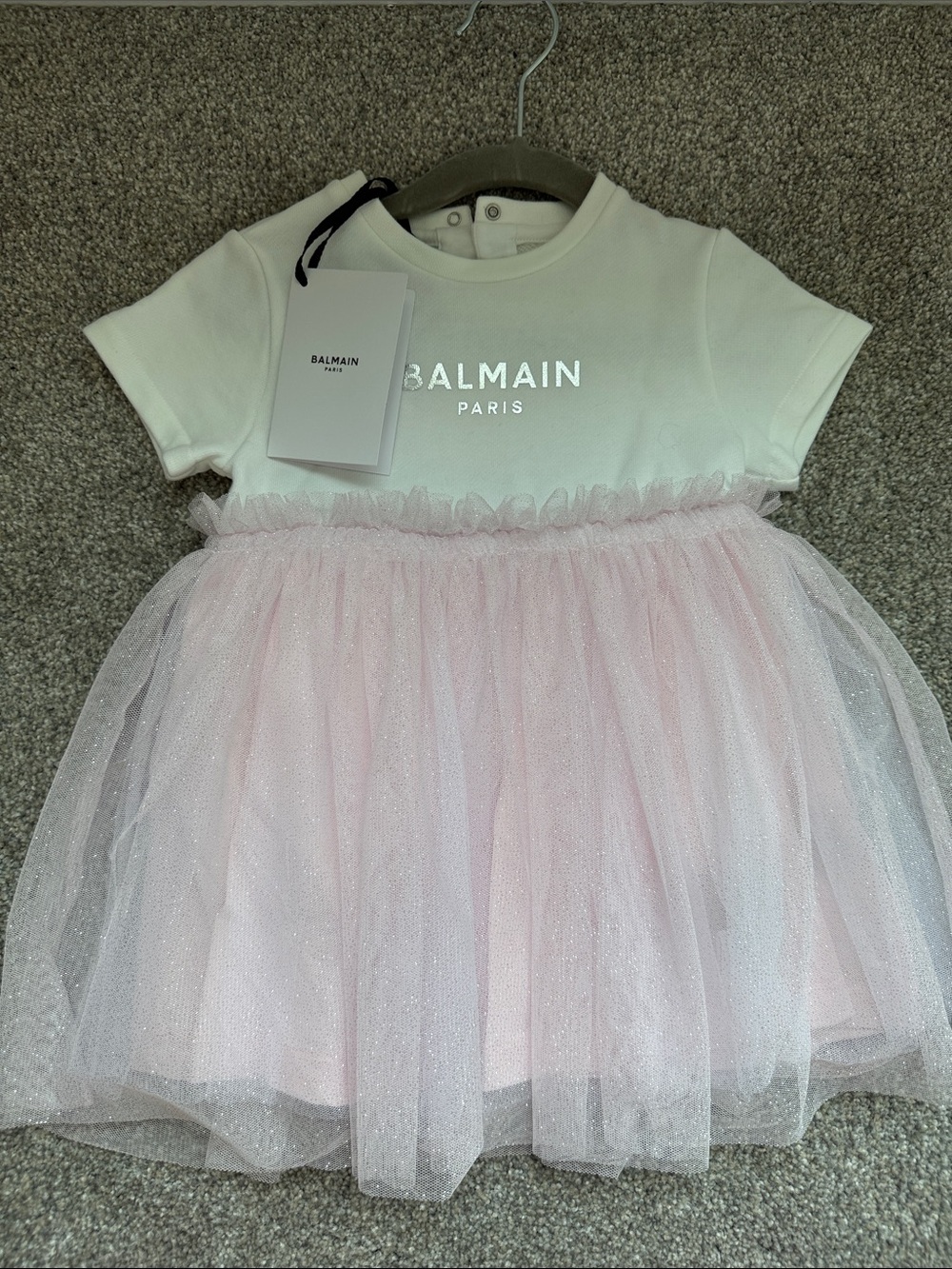 Balmain Pink & White Tulle Logo Dress